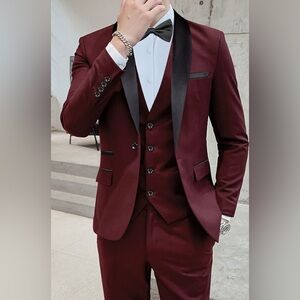 3 piece Burgundy Men's Tux with Black Satin Lapel